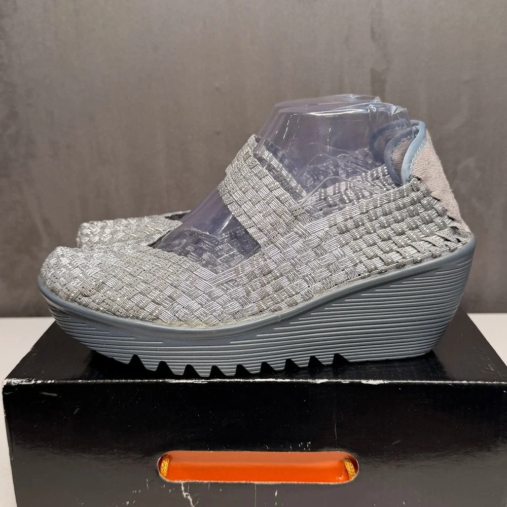 Bernie Mev Lulia Wedge Mary Jane Women 41 Silver Grey Woven Elastic Platform New
